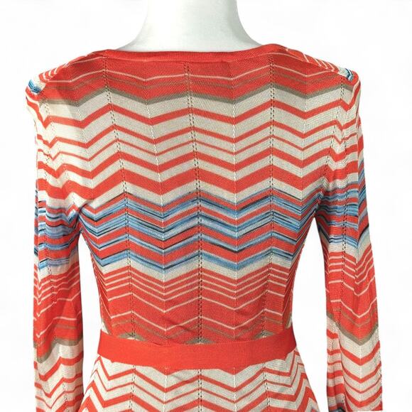 Trina Turk Chevron Knit‎ Wrap Dress Belt Orange Blue V-Neck Long Sleeve ZigZag 0 - Picture 4 of 10